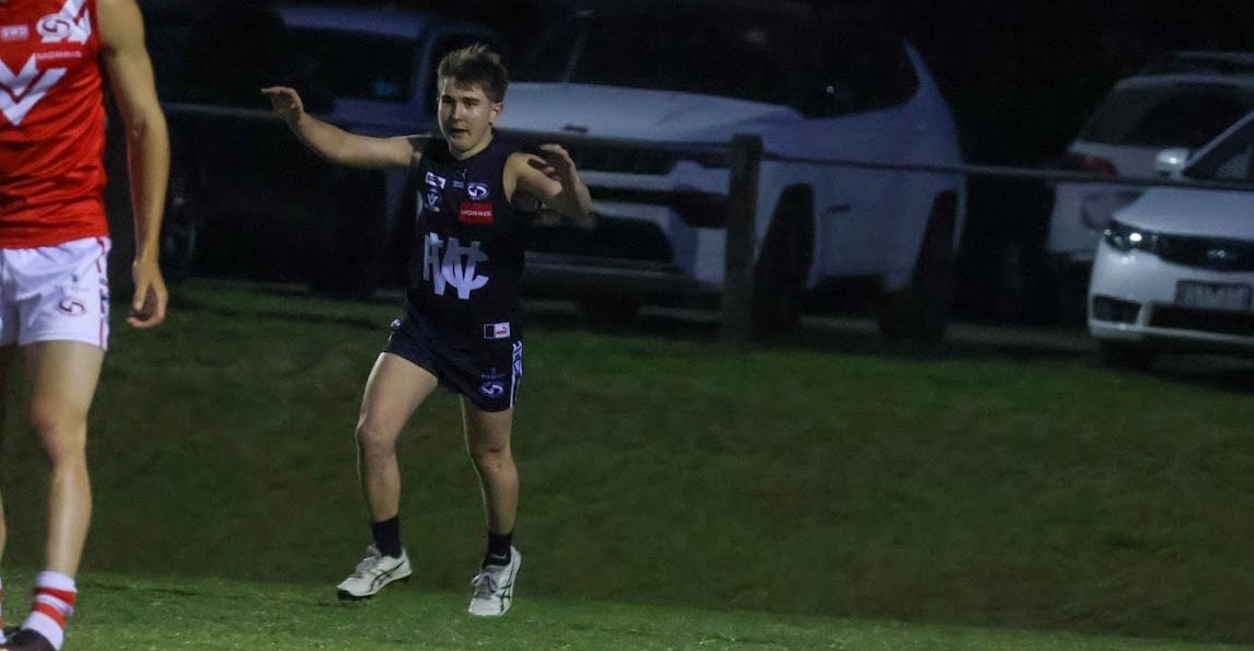 South Warrnambool recruit Rory Baulch celebrates Winchelsea's 72-point win over Corio in Round 3.